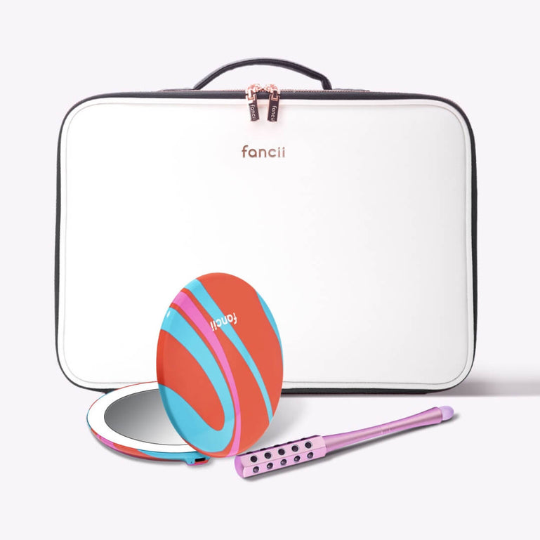 Madison Makeup Case, Taylor Compact and Remi Roller by Fancii & Co.  Groovy Vibes Globetrotter + Pink