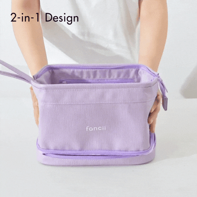 Macy 2-in-1 Makeup Bag by Fancii & Co. in Purple - gif showing 2 sections.