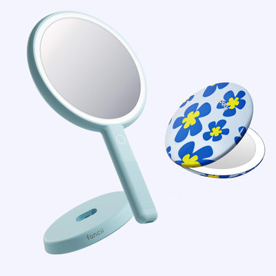 Cami mirror hand held and Taylor compact mirror by Fancii and Co_  Flower Power Blue Fluff