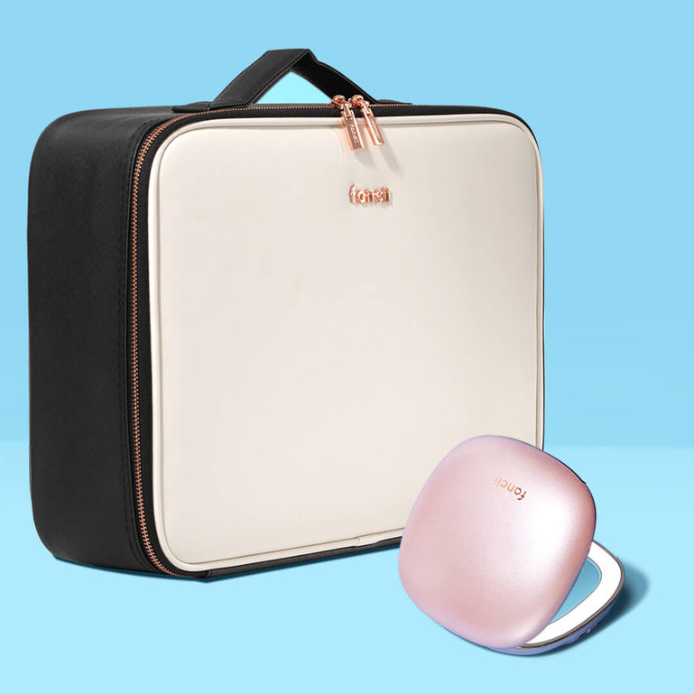 Madison makeup case for travel and Mila lighted compact mirror by Fancii and Co in Globetrotter Pink