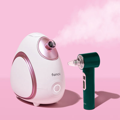 Pore Parazzi 2-step skincare set with Rivo facial steamer and Pearl White Clara microdermabrasion tool by Fancii and Co Emerald Green Pink