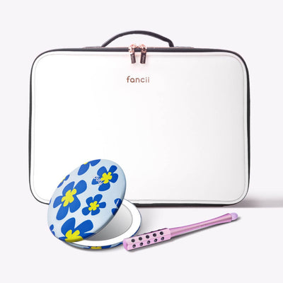 Madison Makeup Case, Taylor Compact and Remi Roller by Fancii & Co. Flower Power Globetrotter + Pink