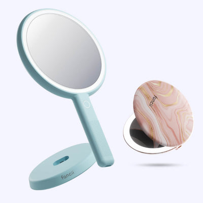Cami mirror hand held and Taylor compact mirror by Fancii and Co_ Marble Rosé Blue Fluff