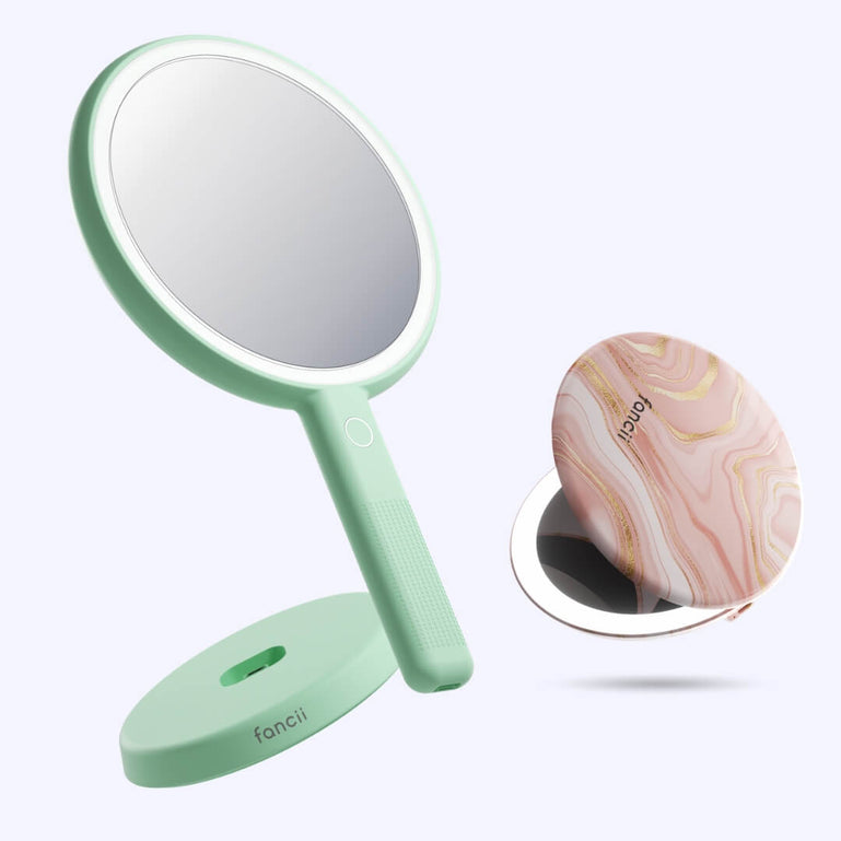 Cami mirror hand held and Taylor compact mirror by Fancii and Co_ Marble Rosé Pistachio