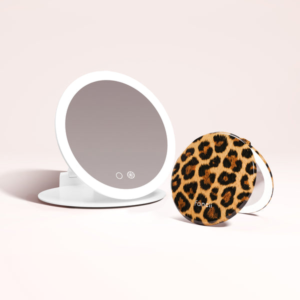 Abigail 10x Magnification Mirror, Taylor Lighted Compact Mirror in CHEETAH CHIC by Fancii & Co. 1x + 10x Magnification, 3 dimmable light settings, travel mirror.