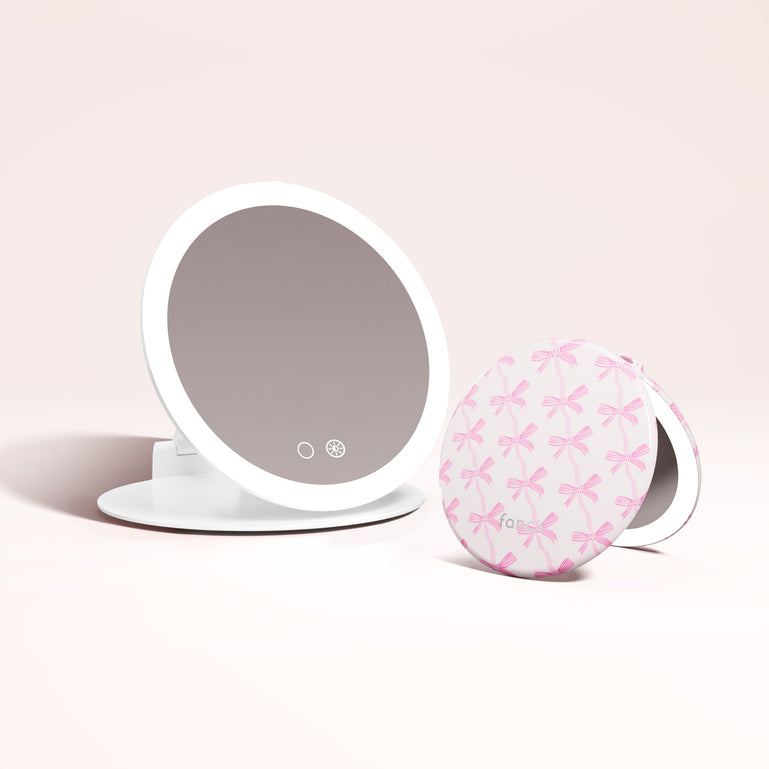 Abigail 10x Magnification Mirror, Taylor Lighted Compact Mirror in ROSETTE RIBBON by Fancii & Co. 1x + 10x Magnification, 3 dimmable light settings, travel mirror.