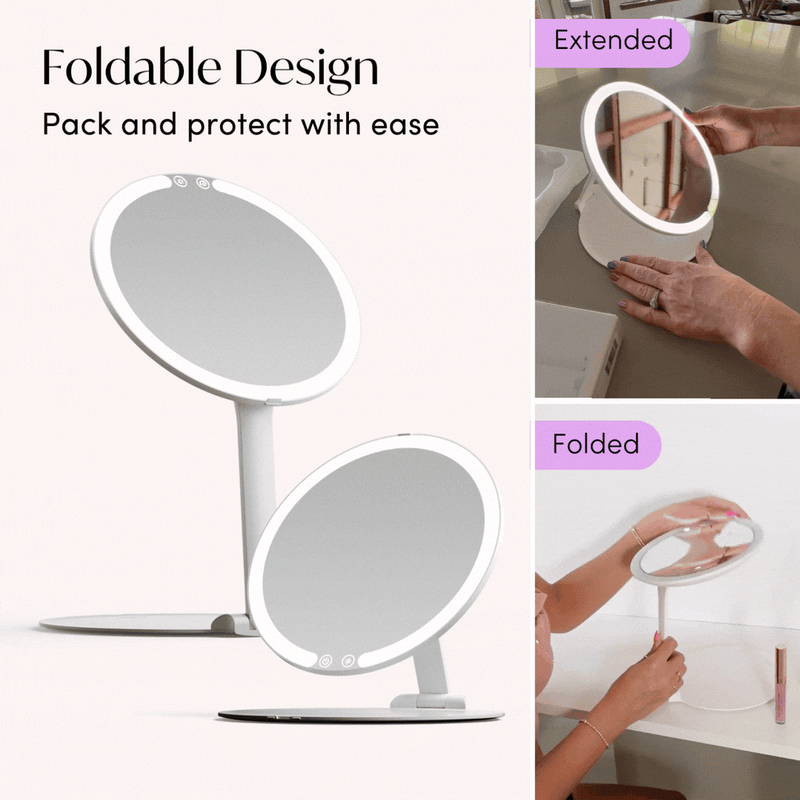Abigail with Tara Travel Vanity Mirror by Fancii & Co. folds flat for easy packing