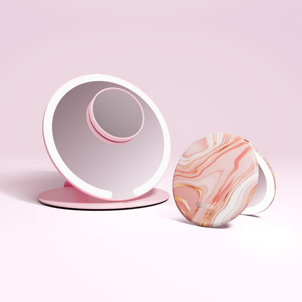 Travel Light Set Featuring Abigail Travel Mirror and Taylor Lighted Compact by Fancii in Pink / 10x Magnifying Mirror MARBLE ROSÈ 