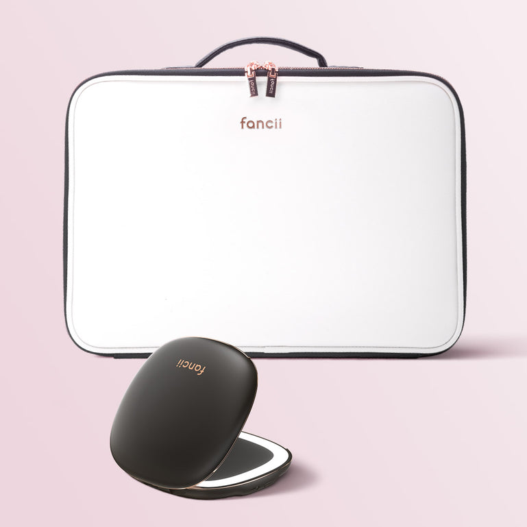 Madison makeup case for travel and Mila lighted compact mirror by Fancii and Co in Globetrotter Black