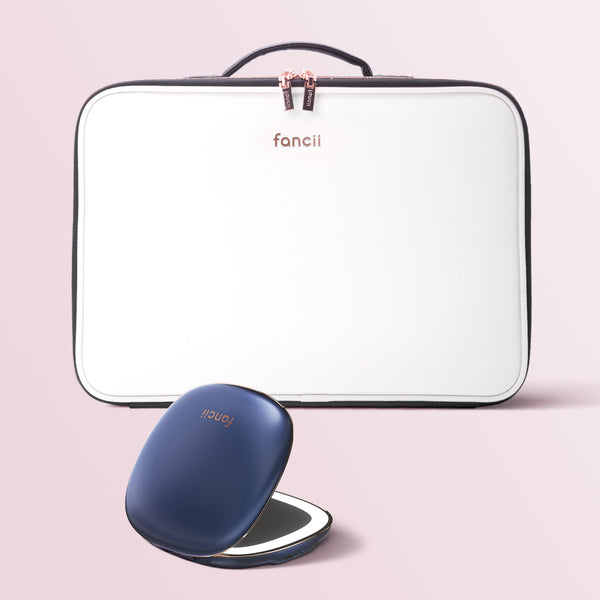 Madison makeup case for travel and Mila lighted compact mirror by Fancii and Co in Globetrotter Indigo Magic