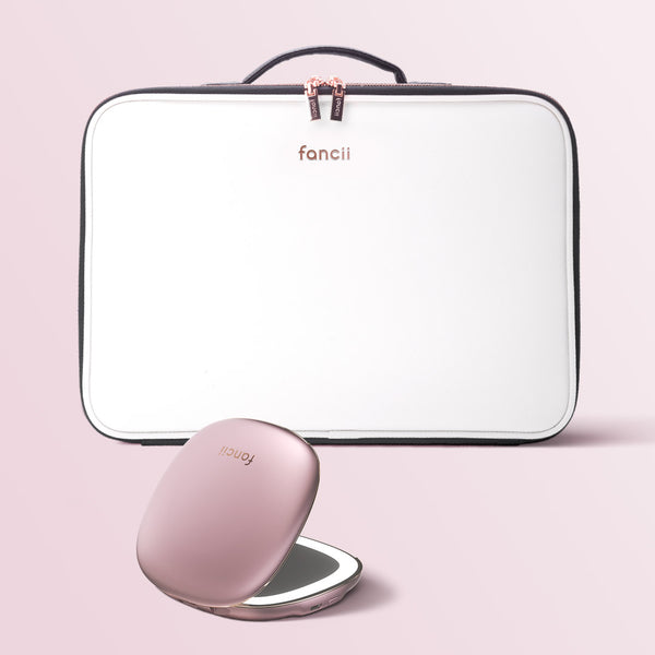 Madison makeup case for travel and Mila lighted compact mirror by Fancii and Co in Globetrotter Pink