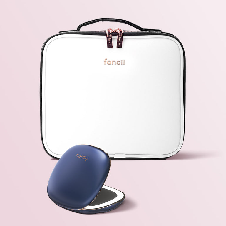 Madison makeup case for travel and Mila lighted compact mirror by Fancii and Co in Weekender Indigo Magic