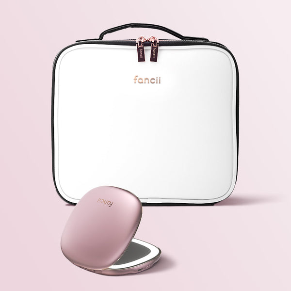 Madison makeup case for travel and Mila lighted compact mirror by Fancii and Co in Weekender Pink