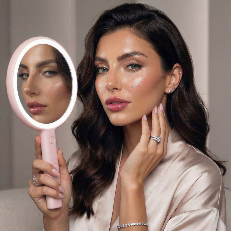 Fancii Cami handheld mirror with LED lights by Fancii and Co Strawberry Cream