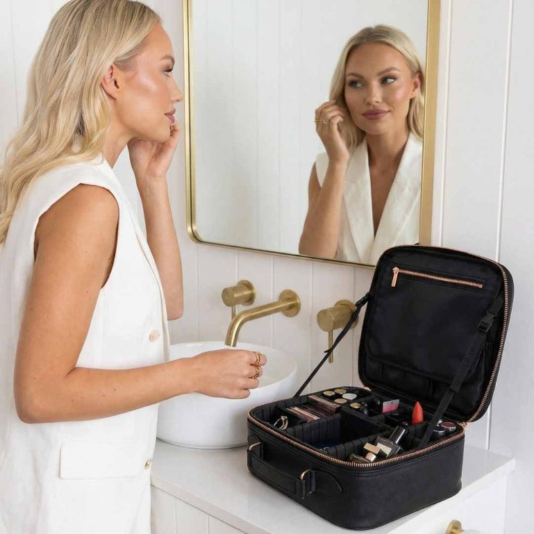 Fancii Madison black travel makeup bag for cosmetic and toiletry Weekender Black