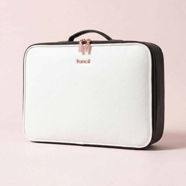 Fancii Madison Professional Makeup Train Case Bag for Travel Globetrotter White