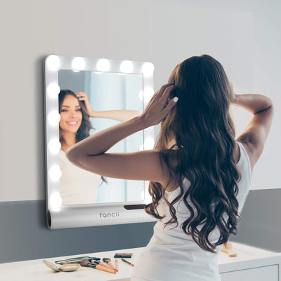Madeline Bluetooth Mini-Hollywood Vanity Mirror by Fancii & Co.  In Use by Model