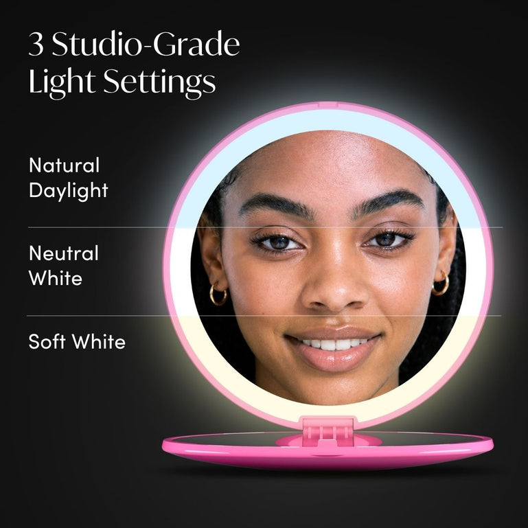 S.W.Smiley X Fancii & Co.  Lighted Charm Mirror with 1x and 10x magnification bag clip in Pink 