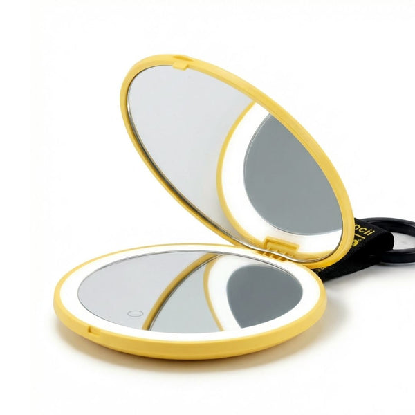 S.W.Smiley X Fancii & Co.  Lighted Charm Mirror with 1x and 10x magnification bag clip in Yellow 