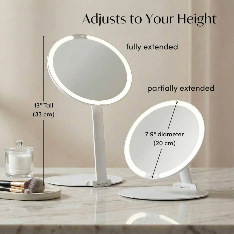 Abigal Lighted Travel Vanity Mirror in White by Fancii & Co. Shown In Two Different Positions (extended and  folded out)