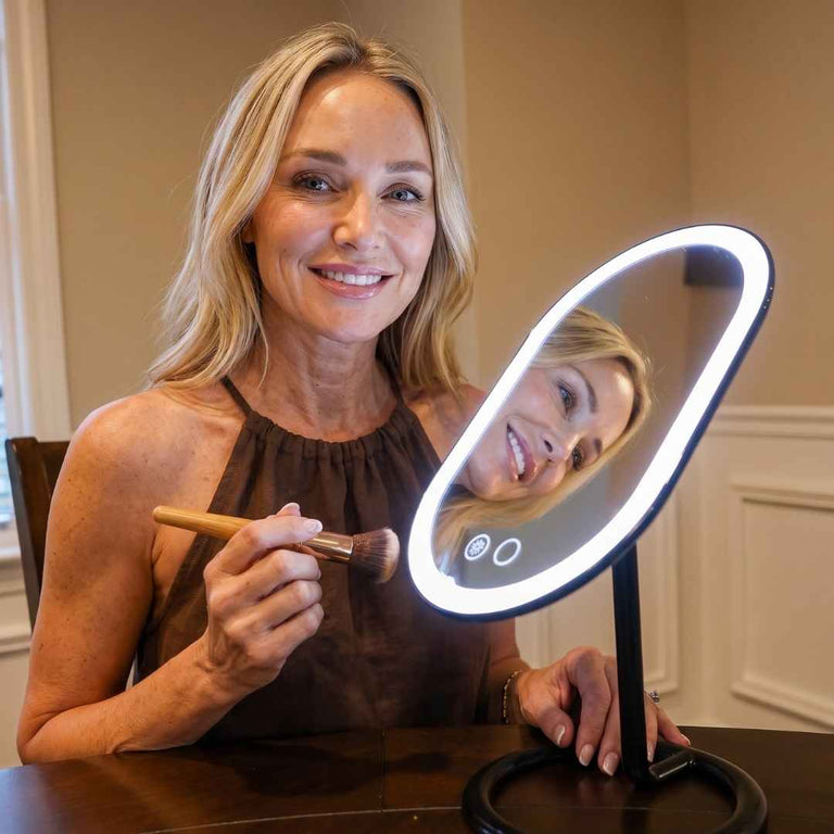 Abigail Foldable Lighted Travel Vanity by Fancii & Co. Lit Up and Being Used to Do Makeup