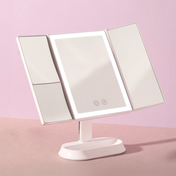 Zora tri fold vanity mirror with LED lights by Fancii and Co 