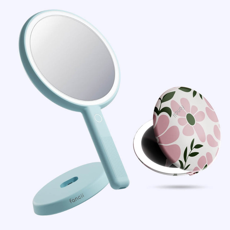 Cami mirror hand held and Taylor compact mirror by Fancii and Co_  Blush Blooms Blue Fluff