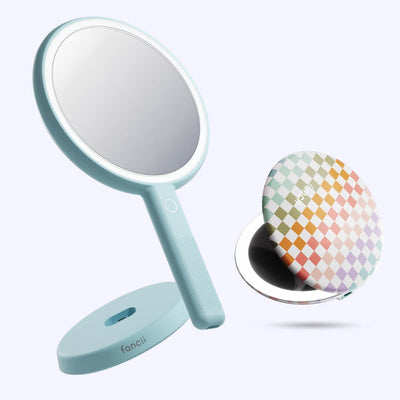 Cami mirror hand held and Taylor compact mirror by Fancii and Co_  Rainbow Mirage Blue Fluff