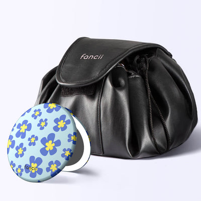 Demi Drawstring Bag and Taylor Lighted Compact by Fancii & Co.  Flower Power Black