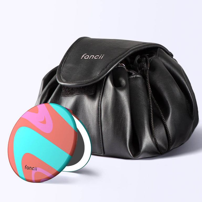 Demi Drawstring Bag and Taylor Lighted Compact by Fancii & Co.  Groovy Vibes Black