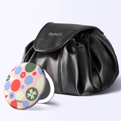 Demi Drawstring Bag and Taylor Lighted Compact by Fancii & Co.  Merry Magic Black