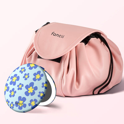 Demi Drawstring Bag and Taylor Lighted Compact by Fancii & Co.  Flower Power Pink