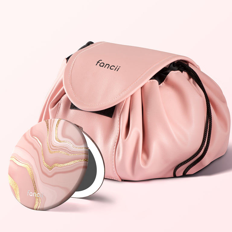 Taylor Lighed Compact and Demi Drawstring Bag by Fancii & Co. in Marble Rosé Pink