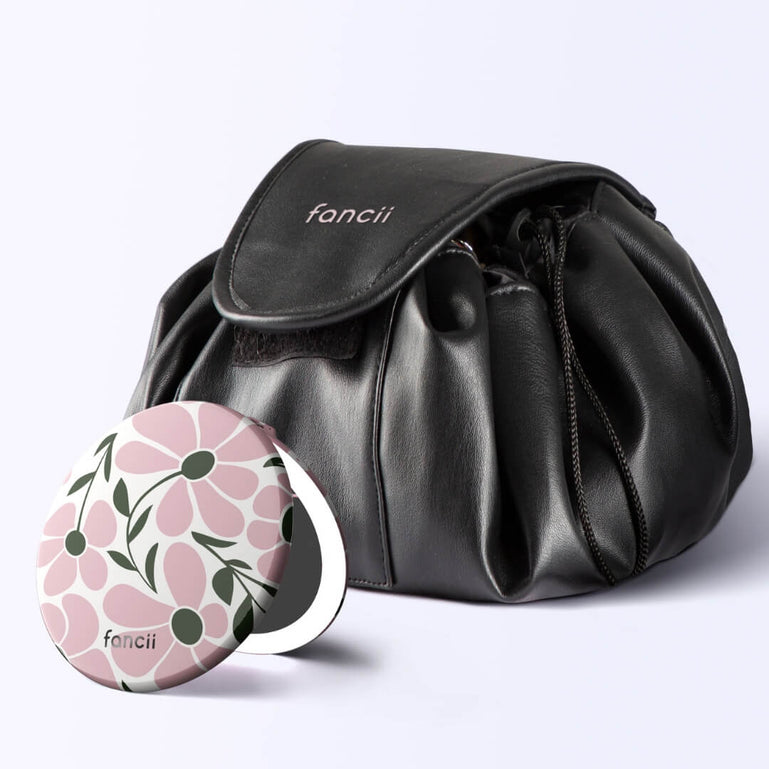Taylor Lighted Compact and Demi Drawstring Bag by Fancii & Co. in Blush Blooms Black