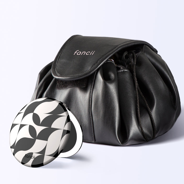 Taylor Lighted Compact and Demi Drawstring Bag by Fancii & Co. in Mello Monochrome Black