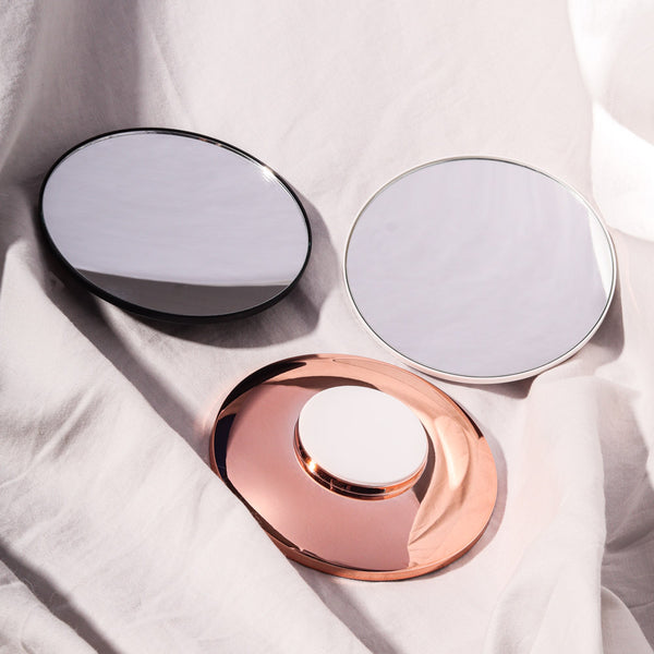 Lara 10x Rose Gold, black and white magnetic magnifying mirrors 