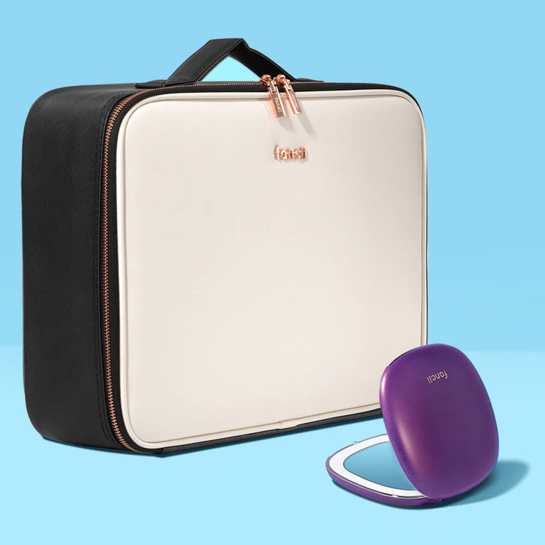 Madison makeup case for travel and Mila lighted compact mirror by Fancii and Co in Globetrotter Berry Crush