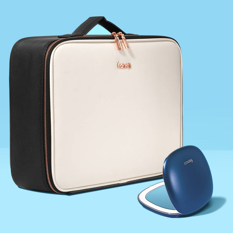 Madison makeup case for travel and Mila lighted compact mirror by Fancii and Co in Globetrotter Indigo Magic