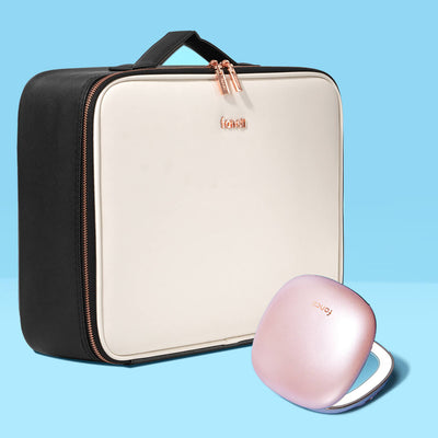 Madison makeup case for travel and Mila lighted compact mirror by Fancii and Co in Globetrotter Pink