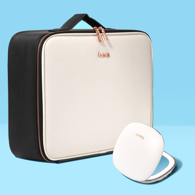 Madison makeup case for travel and Mila lighted compact mirror by Fancii and Co in Globetrotter White