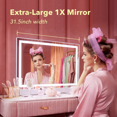 Monroe hollywood mirror with lights by Fancii has an extra-large mirror at 31.5 inches wide