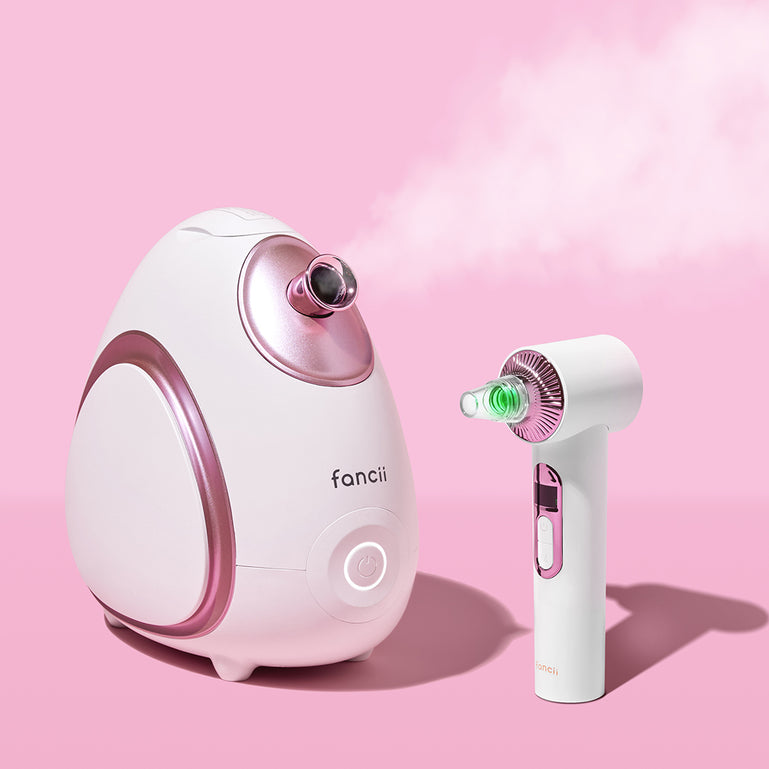 Pore Parazzi 2-step skincare set with Rivo facial steamer and Pearl White Clara microdermabrasion tool by Fancii and Co Pearl White Pink