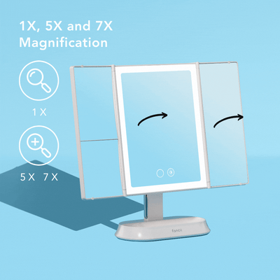 Zora tri fold vanity mirror with LED lights by Fancii and Co with 1x 5x and 7x magnification